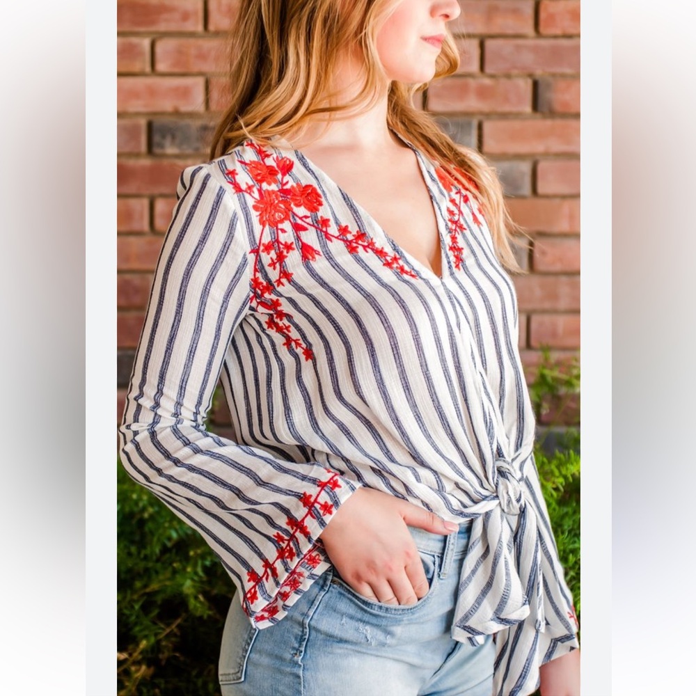 Lovestitch Striped V-Neck Blouse with Red Floral Embroidery